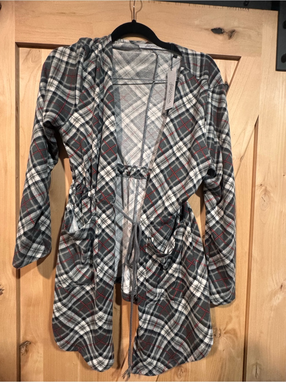 Gray Plaid Hooded Cardigan with Drawstring Waist